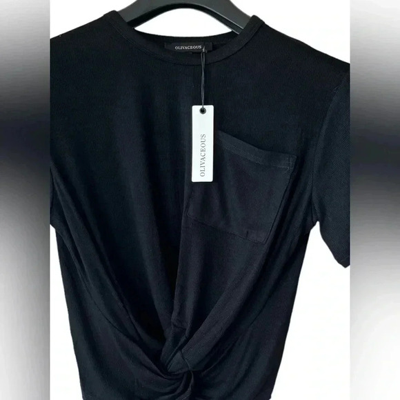 Olivaceous Casual Short Sleeve Crop Top Twist Front Shirt in Black Small, Large - Picture 2 of 7